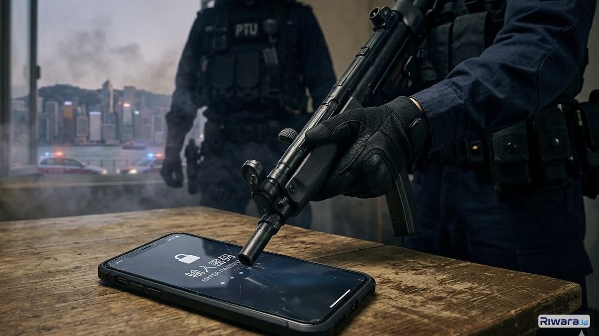 Ilustrasi polisi Hongkong memaksa membuka kunci HP warga dibuat dengan bantuan AI